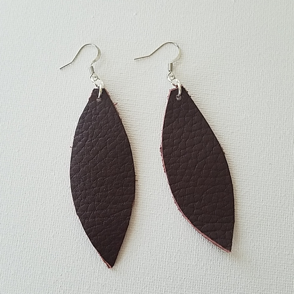 New dark brown leather leaf dangle earrings